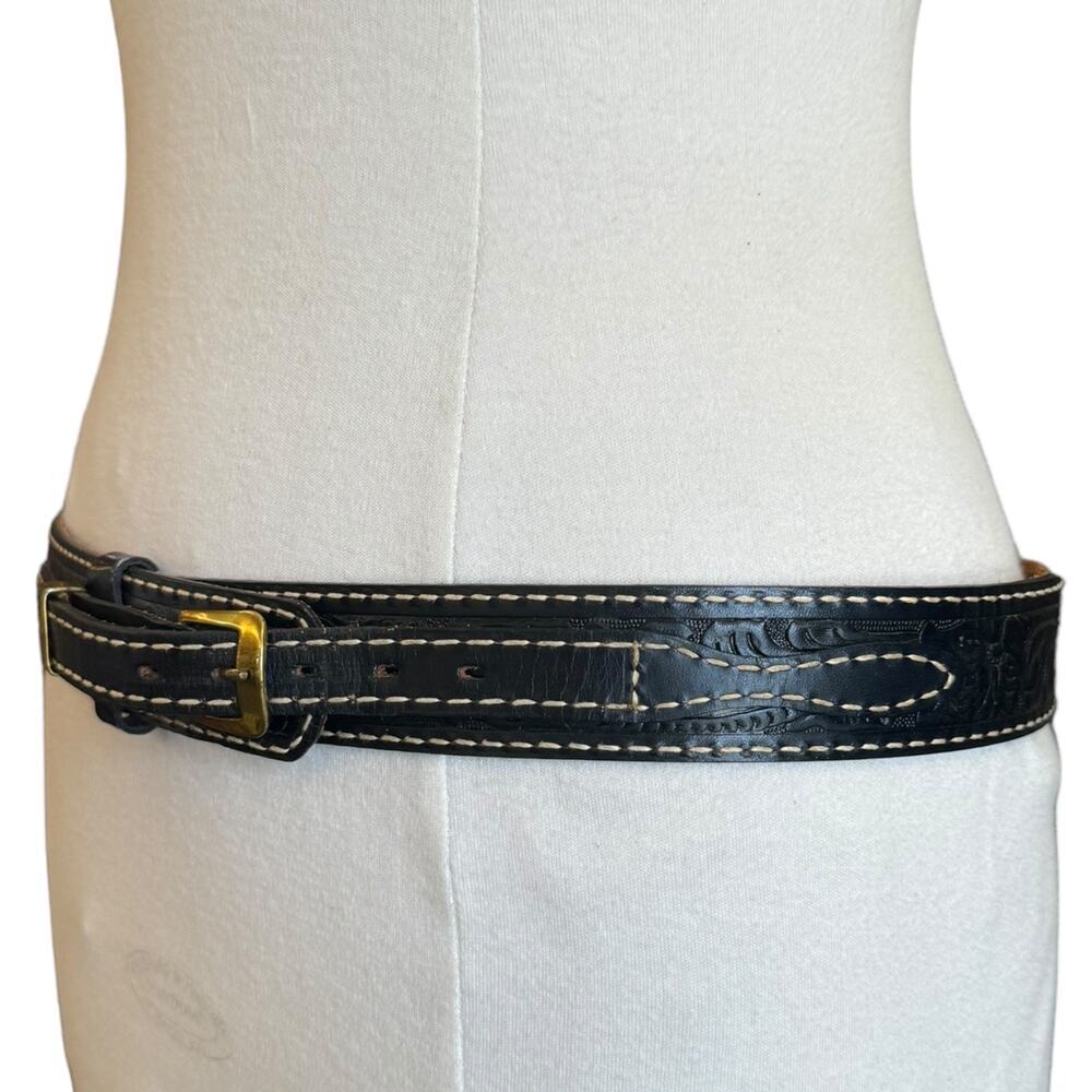 Vintage Tony Llama Black Tooled Leather Belt - Picture 3 of 9